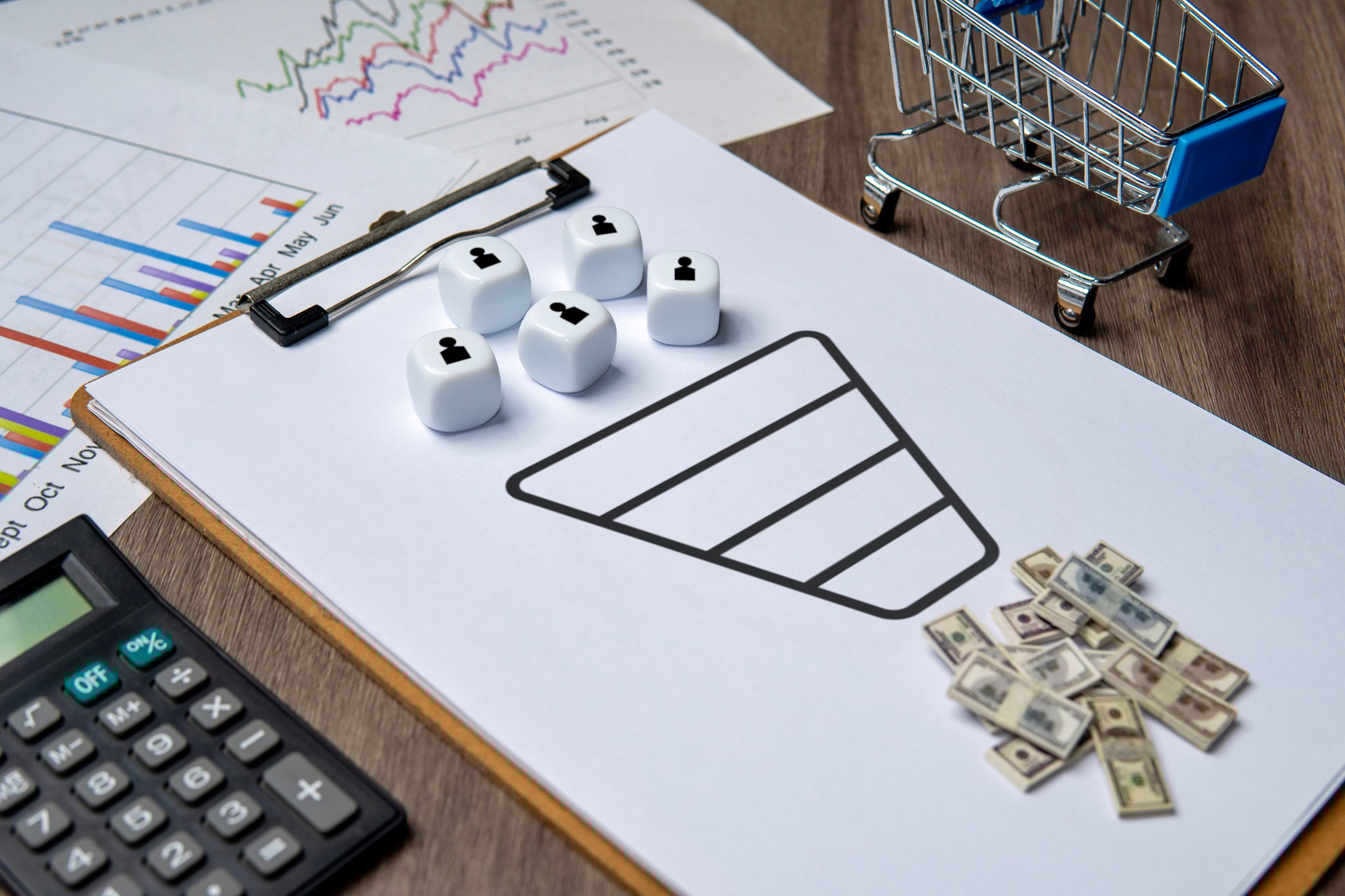 Conversion Funnel Strategy with A/B Testing Guide a clipboard with a sales funnel diagram and dice representing customers