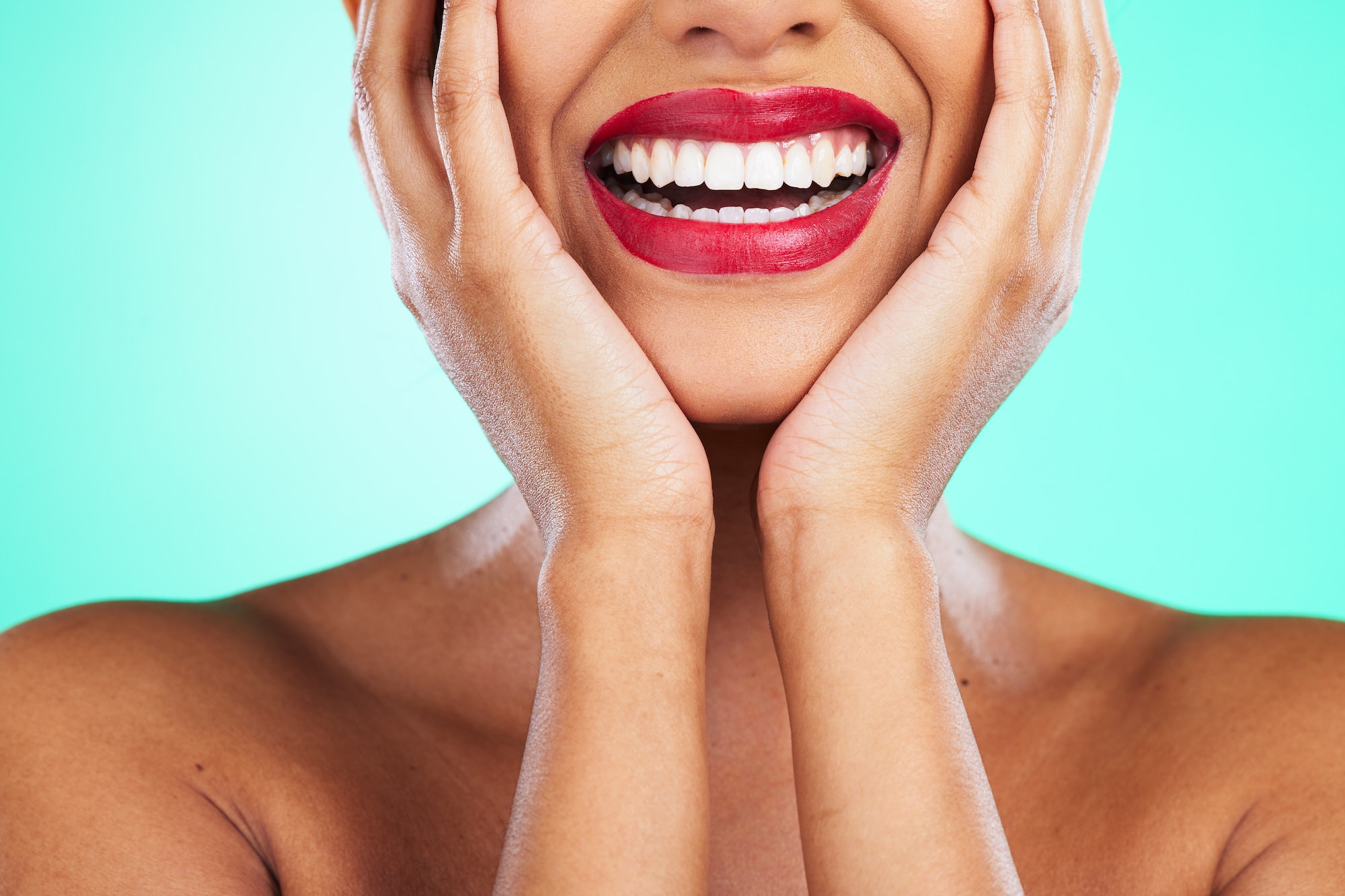 Dental Clinic Digital Marketing Success in 2023 dental teeth and perfect smile by woman with oral care hygiene and whitening isolated in studio g