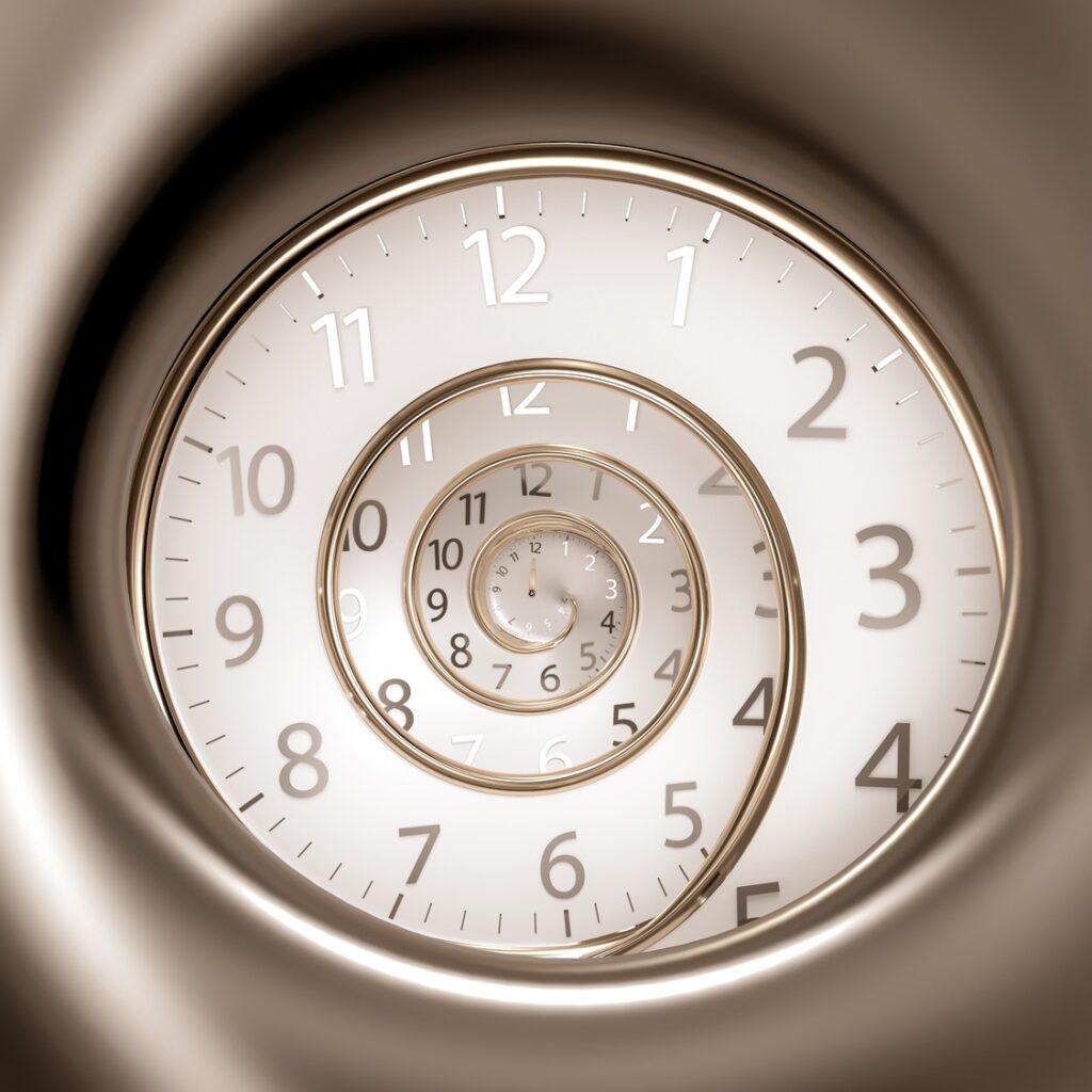 Vintage spinning round clock face with infinity time.