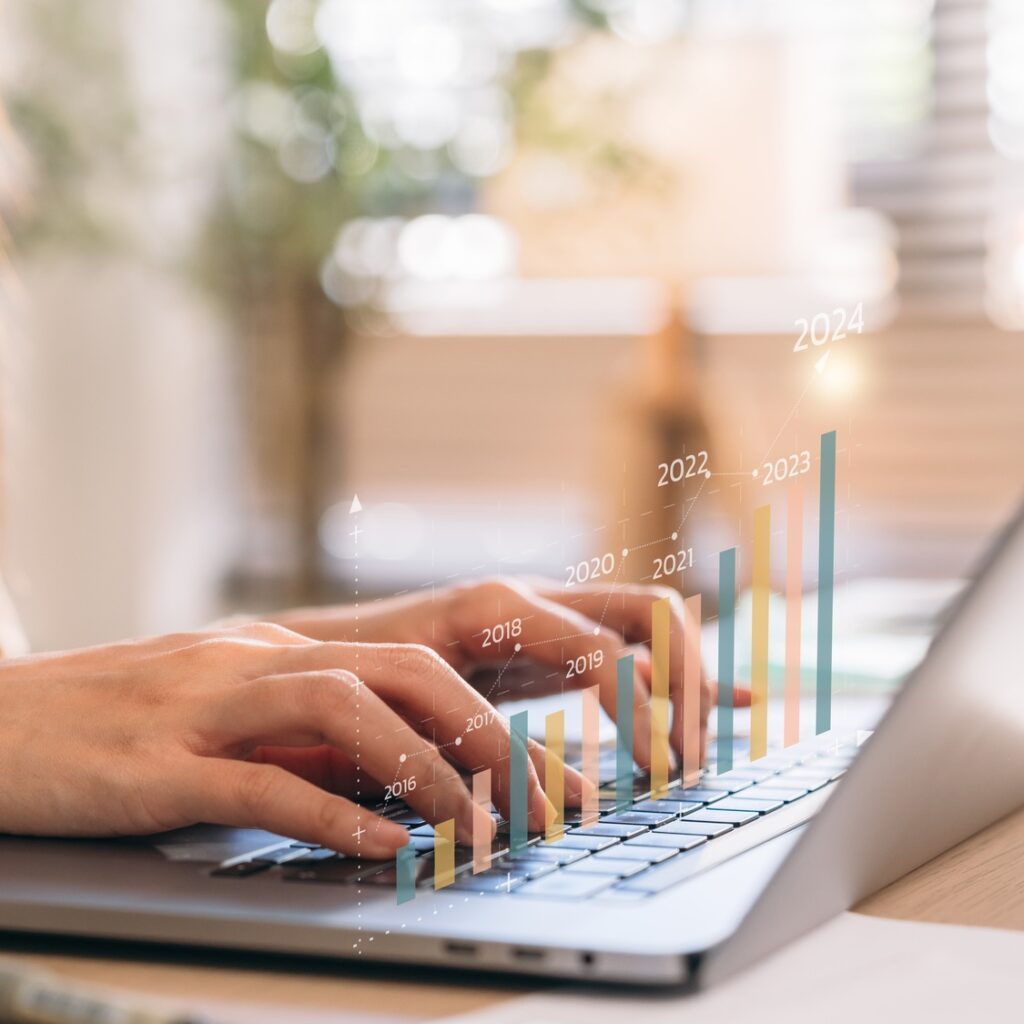 Businesswoman Utilizes Augmented Reality Graphics for Long-Term Investment Strategy in 2024.