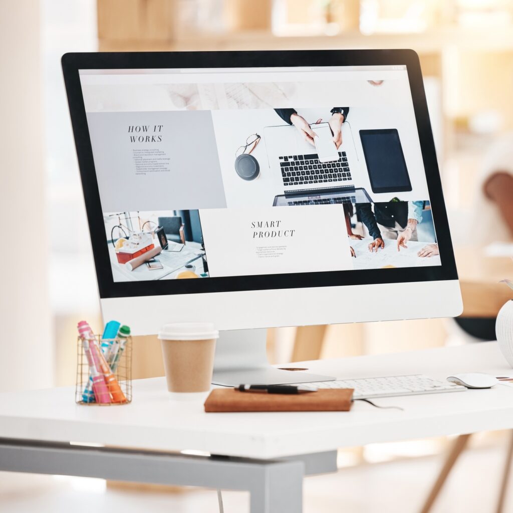 Graphic design, website and marketing with an advertising campaign on the screen of a computer in a