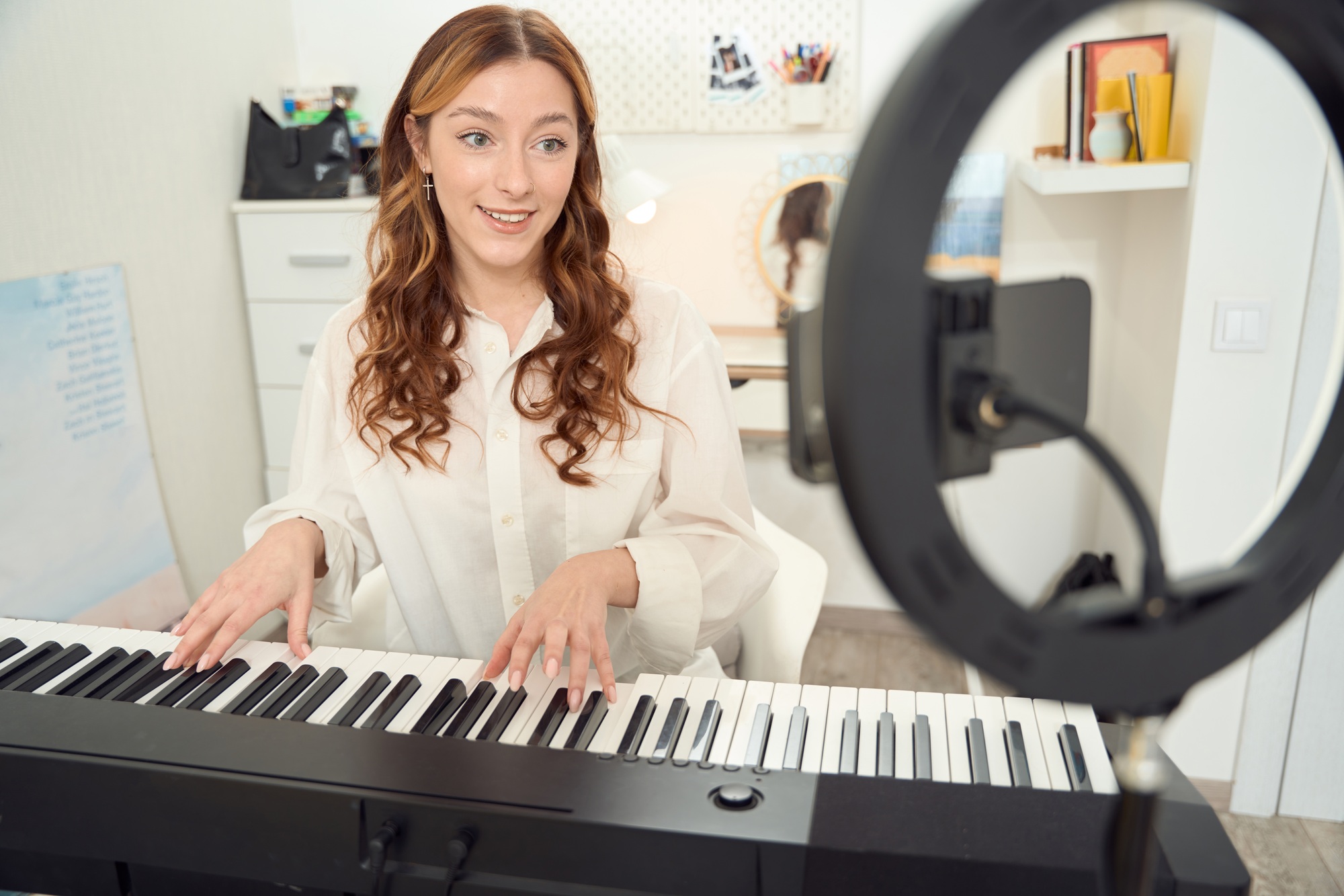 Inbound Content Creation for Audience Engagement joyful synthesizer player live streaming her performance to audience