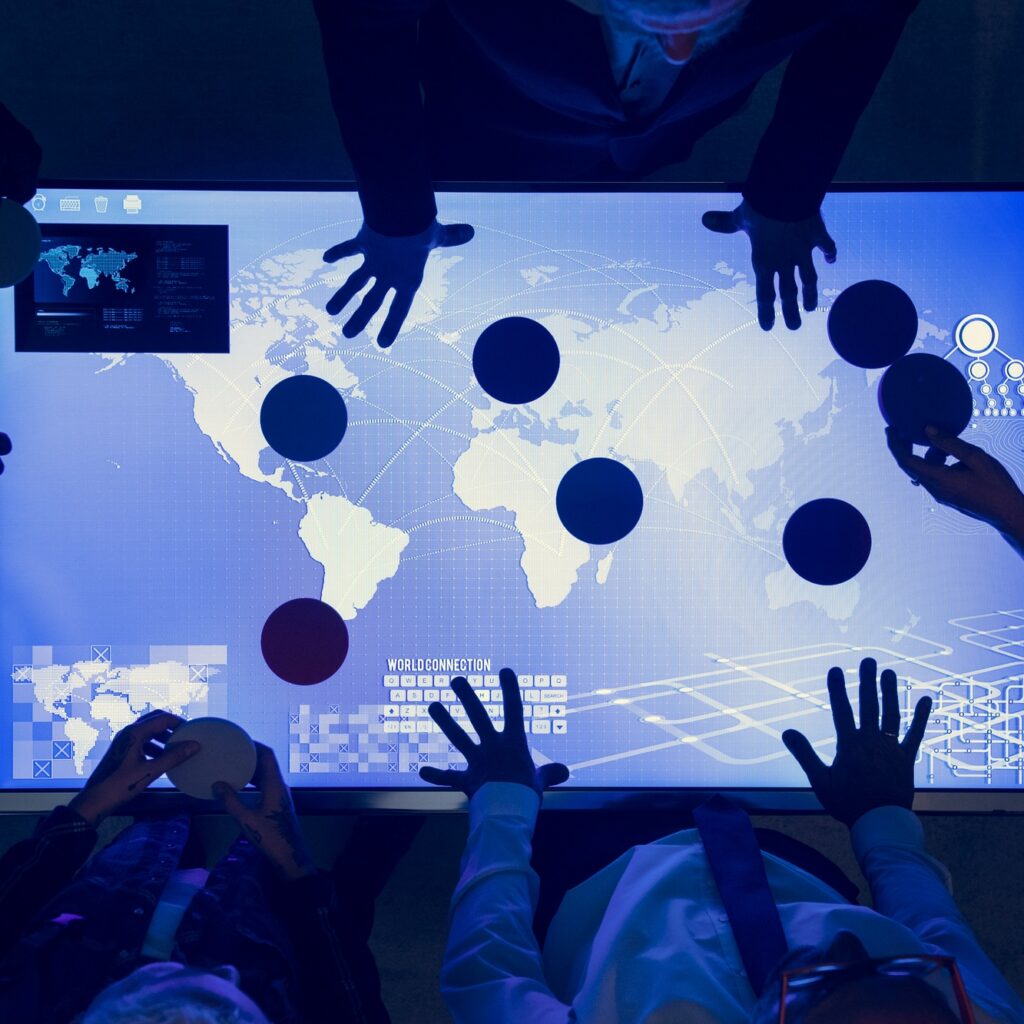 People in a world connection technology meeting