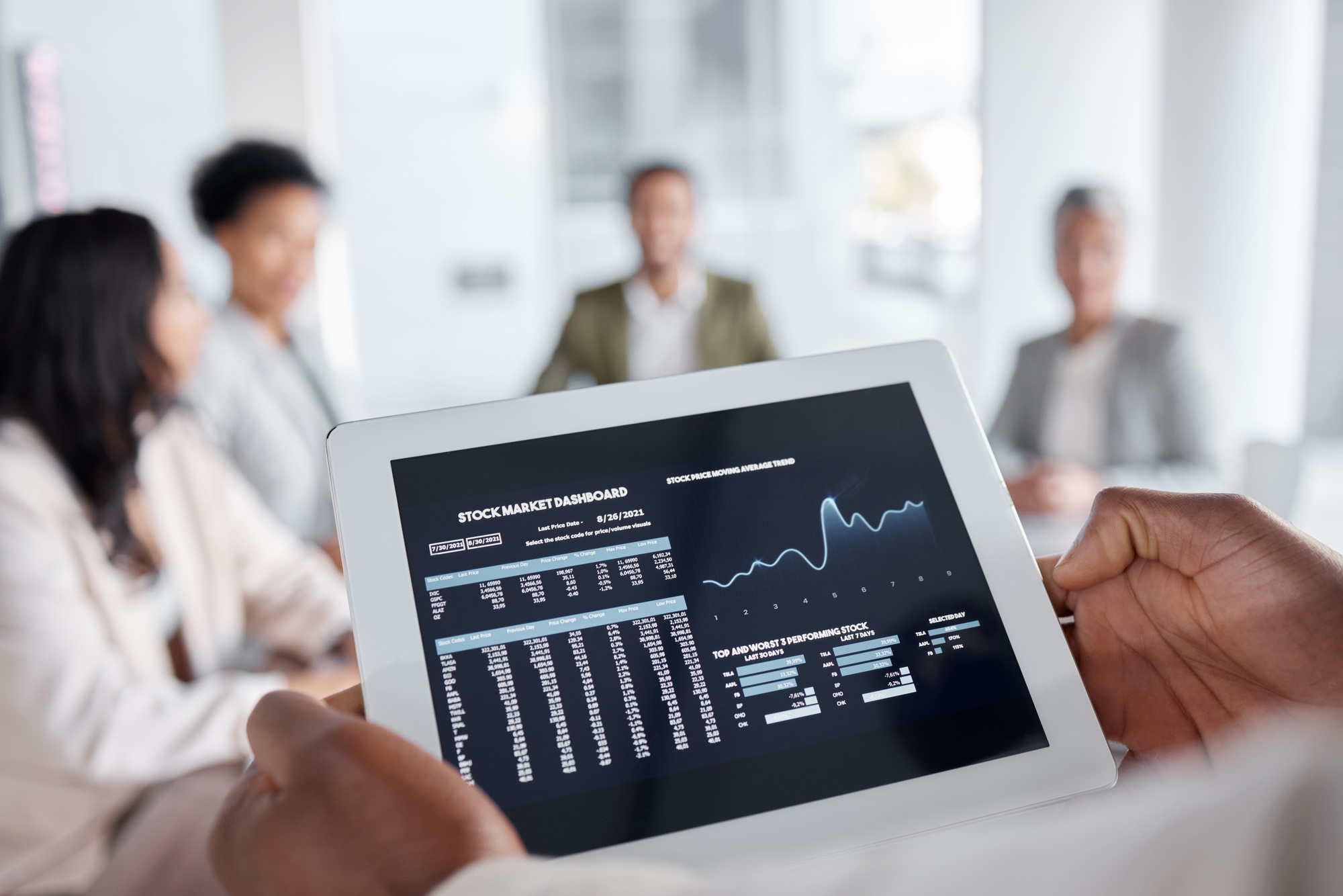 Leverage CRM Automation for Business Growth tablet in hands screen and stock market dashboard statistics with data analytics business people